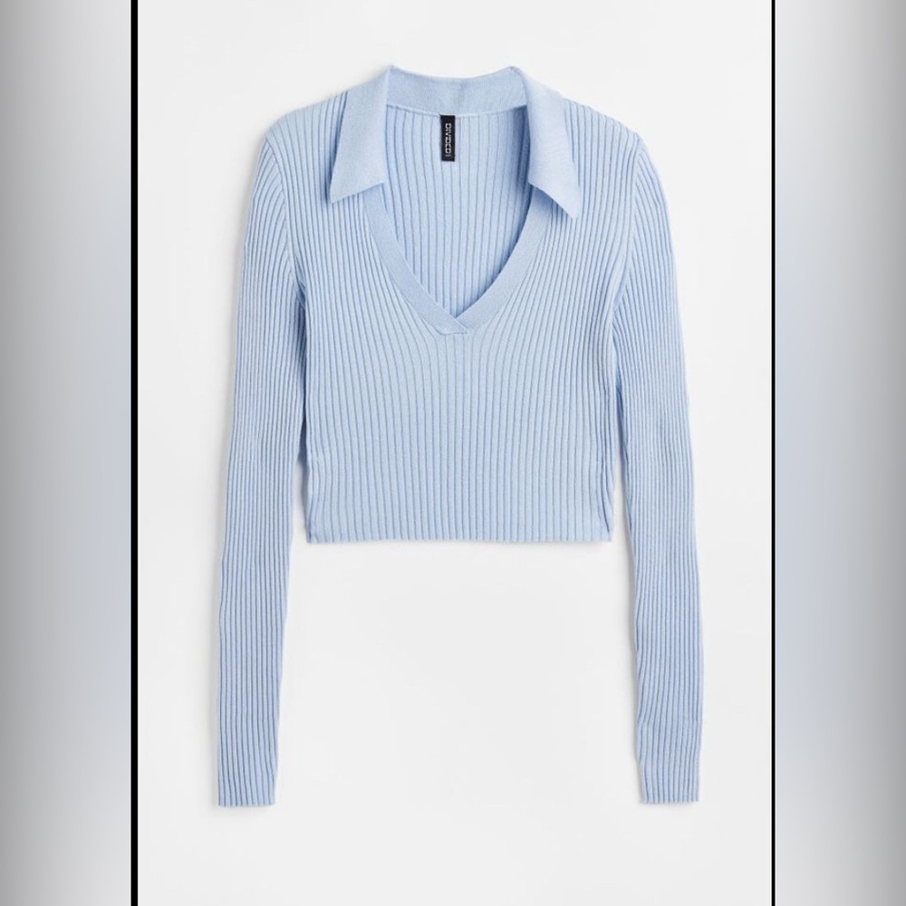 H & M - COLLARED RIB-KNIT TOP - BLUE size L